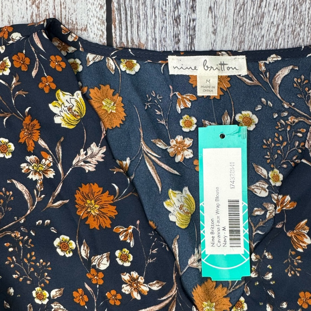 nine britton Navy Floral Wrap Blouse with Mustard and Cream Flowers - Picture 5 of 9